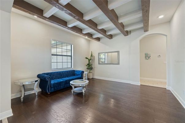 Interior, Living room, Recessed Lighting, Wooden Beams, Wood Texture Flooring