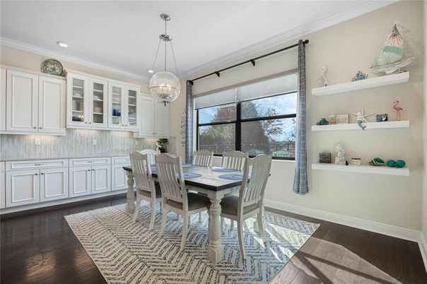 Dining room, Interior, Pendant Lights, Recessed Lighting, Wood Texture Flooring