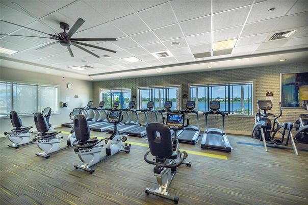 Fitness Equipment, Gym, Interior, Recessed Lighting, Stone Walls, Wood Texture Flooring