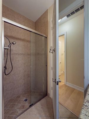 Bathroom, Glass Shower, Interior, Wood Texture Flooring