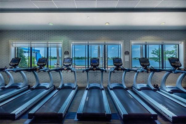 Fitness Equipment, Gym, Interior, Recessed Lighting, Stone Walls, Water