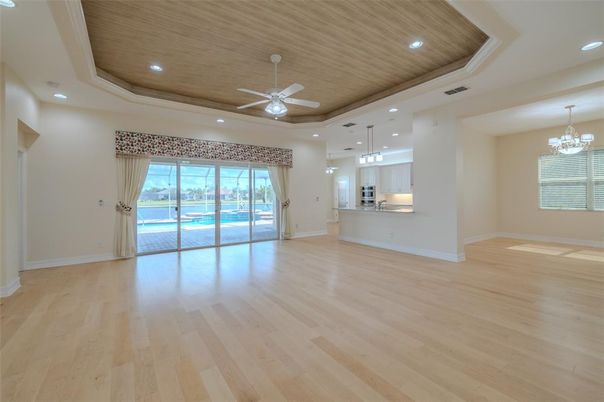 Chandelier, Empty room, Interior, Pendant Lights, Recessed Lighting, Wooden Ceilings, Wood Texture Flooring