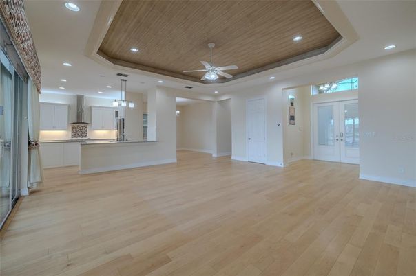 Empty room, Interior, Kitchen, Pendant Lights, Recessed Lighting, Wooden Ceilings, Wood Texture Flooring