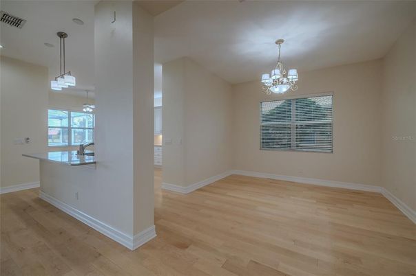 Chandelier, Empty room, Interior, Pendant Lights, Wood Texture Flooring