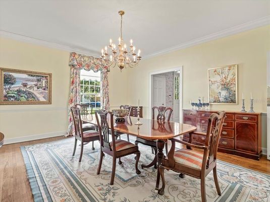 Chandelier, Dining room, Interior, Wood Texture Flooring