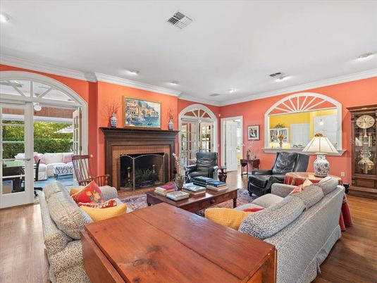 Fireplace, Interior, Living room, Recessed Lighting, Wood Texture Flooring