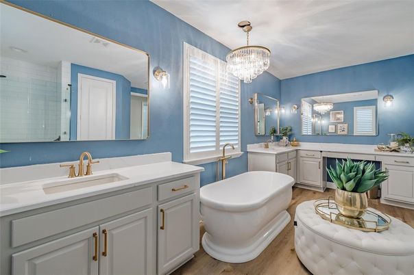 Bathroom, Chandelier, Dual Sink Vanities, Interior, Wood Texture Flooring
