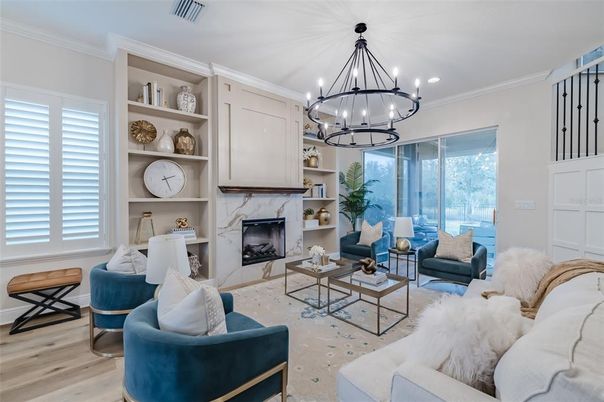 Chandelier, Fireplace, Interior, Living room, Recessed Lighting, Wood Texture Flooring