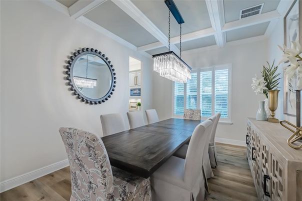 Chandelier, Dining room, Interior, Wood Texture Flooring