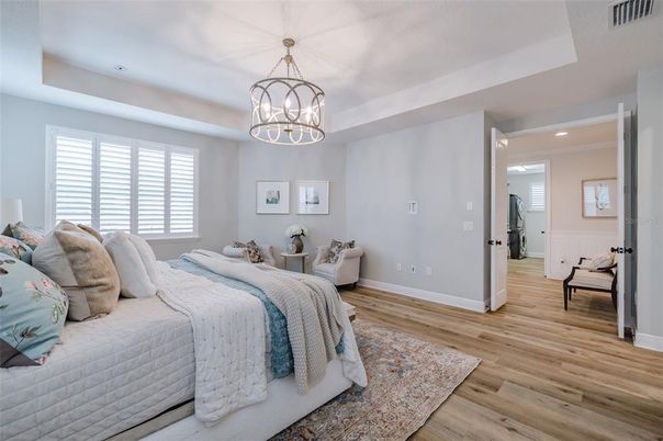 Bedroom, Chandelier, Interior, Recessed Lighting, Wood Texture Flooring