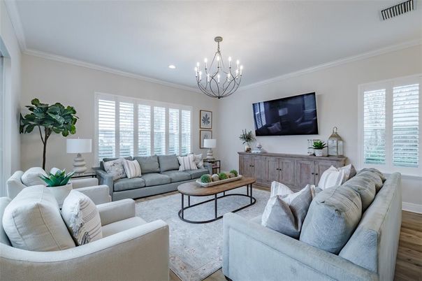 Chandelier, Interior, Living room, Recessed Lighting, Wood Texture Flooring