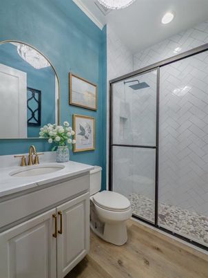 Bathroom, Glass Shower, Interior, Recessed Lighting, Wood Texture Flooring