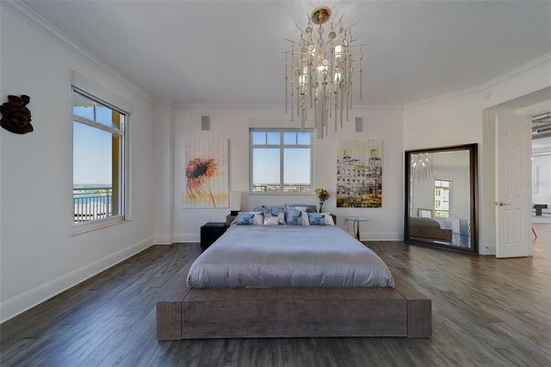 Bedroom, Interior, Pendant Lights, Wood Texture Flooring