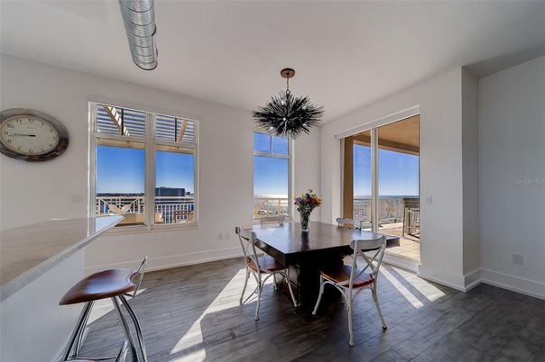 Dining room, Interior, Pendant Lights, Wood Texture Flooring