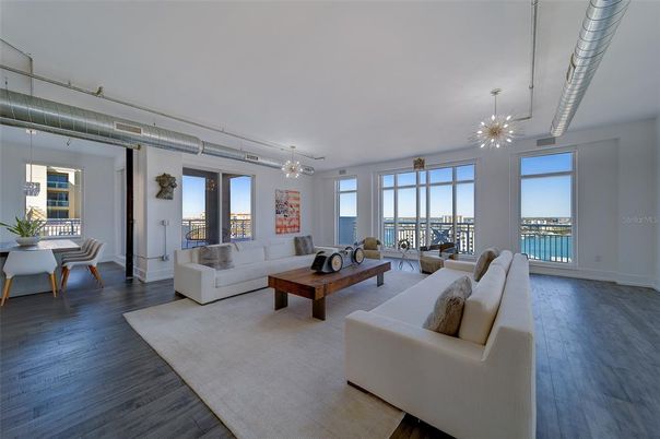 Dining room, Interior, Living room, Pendant Lights, Water, Wood Texture Flooring