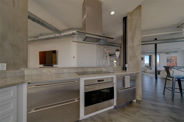 Interior, Kitchen, Recessed Lighting, Stainless Steel Appliances, Wood Texture Flooring