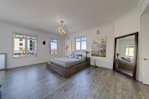 Bedroom, Chandelier, Interior, Wood Texture Flooring