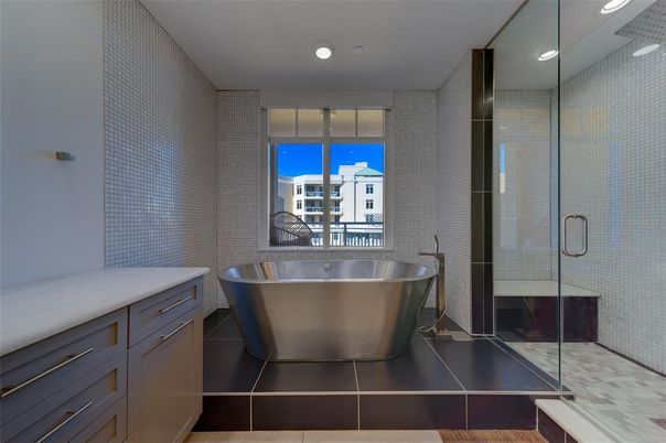 Bathroom, Free Standing Baths, Glass Shower, Interior, Recessed Lighting