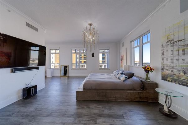 Bedroom, Chandelier, Interior, Wood Texture Flooring