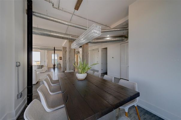 Chandelier, Dining room, Interior, Pendant Lights, Recessed Lighting, Wood Texture Flooring