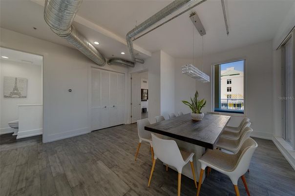 Dining room, Interior, Pendant Lights, Recessed Lighting, Wood Texture Flooring