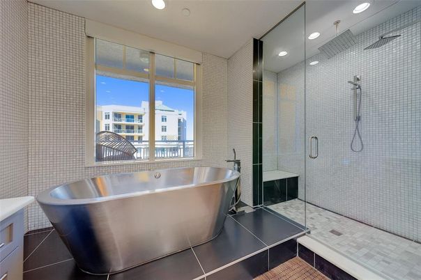 Bathroom, Free Standing Baths, Glass Shower, Interior, Recessed Lighting