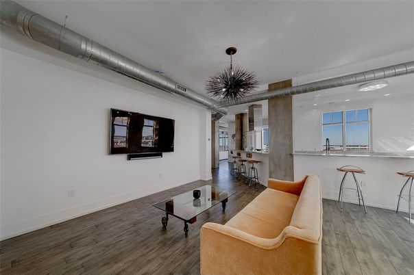 Interior, Living room, Pendant Lights, Recessed Lighting, Wood Texture Flooring
