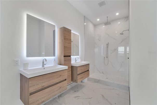 Bathroom, Glass Shower, Interior, Marble, Marble Walls, Recessed Lighting