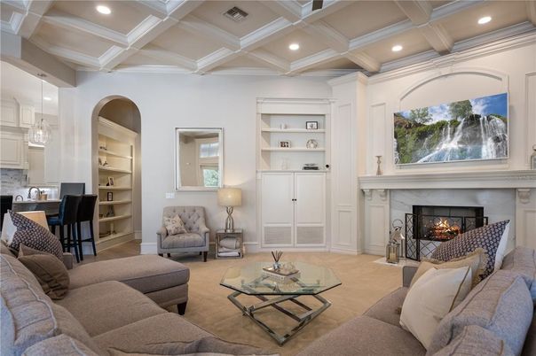Dining room, Fireplace, Interior, Living room, Pendant Lights, Recessed Lighting