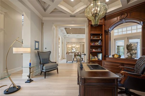 Chandelier, Home Office, Interior, Recessed Lighting, Wood Texture Flooring