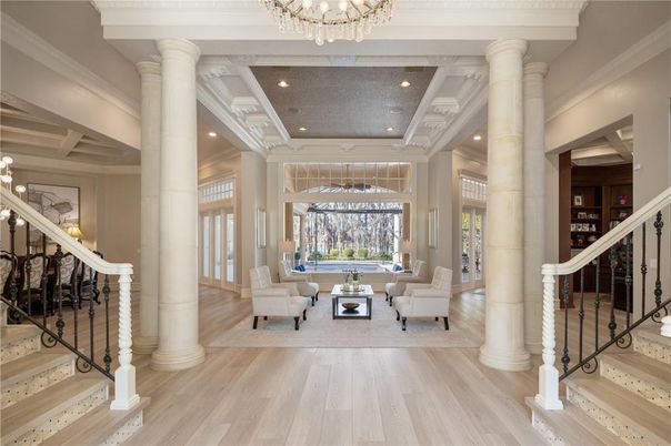 Chandelier, Interior, Living room, Pendant Lights, Recessed Lighting, Wood Texture Flooring