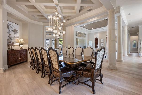 Chandelier, Dining room, Interior, Recessed Lighting, Wood Texture Flooring