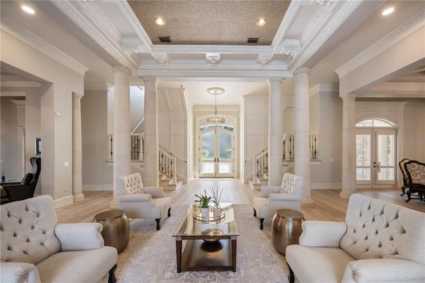 Chandelier, Interior, Living room, Recessed Lighting, Wood Texture Flooring