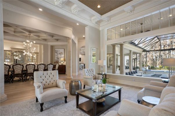 Chandelier, Dining room, Interior, Living room, Recessed Lighting, Wood Texture Flooring