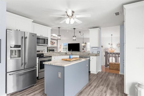 Interior, Kitchen, Pendant Lights, Stainless Steel Appliances, Wood Texture Flooring