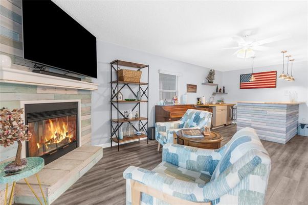 Fireplace, Interior, Pendant Lights, Wood Texture Flooring