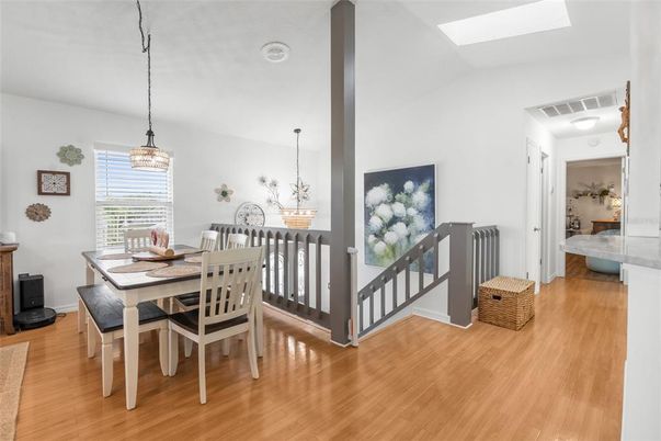 Dining room, Interior, Pendant Lights, Wood Texture Flooring