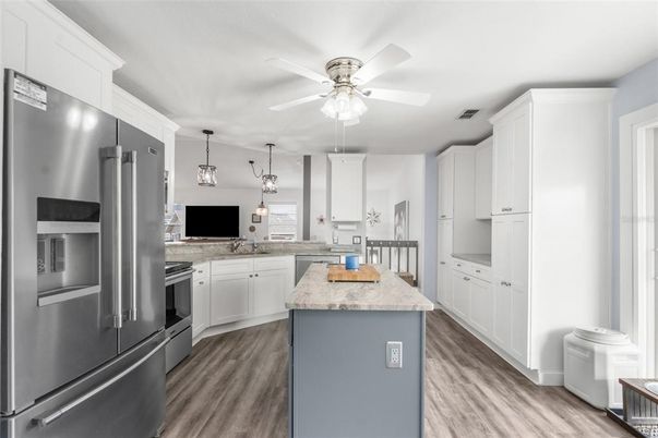 Interior, Kitchen, Pendant Lights, Stainless Steel Appliances, Wood Texture Flooring