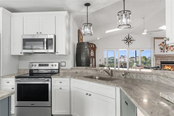 Fireplace, Interior, Kitchen, Pendant Lights, Recessed Lighting