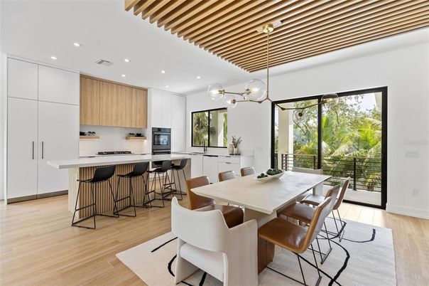 Dining room, Interior, Kitchen, Pendant Lights, Recessed Lighting, Wood Texture Flooring