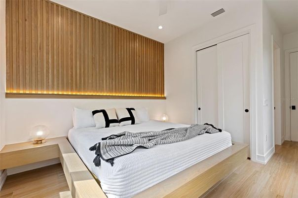 Bedroom, Interior, Recessed Lighting, Wood Texture Flooring