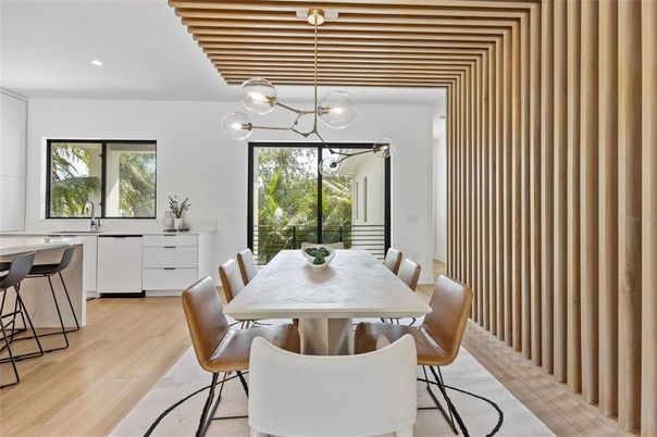 Dining room, Interior, Pendant Lights, Recessed Lighting, Wood Texture Flooring