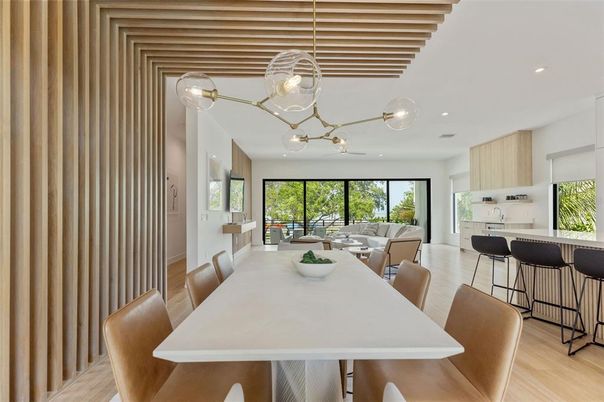 Dining room, Interior, Kitchen, Pendant Lights, Recessed Lighting, Wood Texture Flooring
