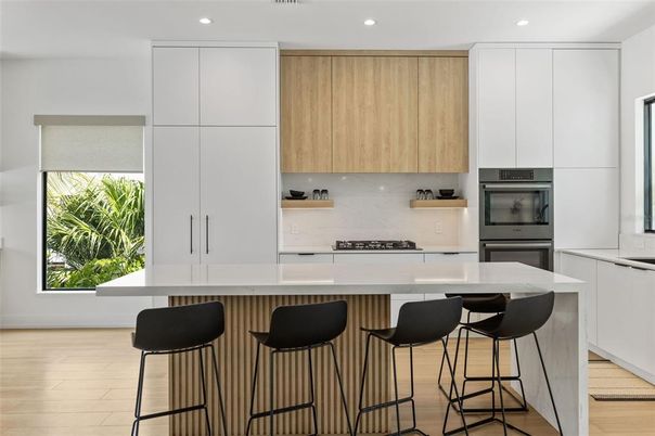 Interior, Kitchen, Recessed Lighting, Stainless Steel Appliances, Wood Texture Flooring