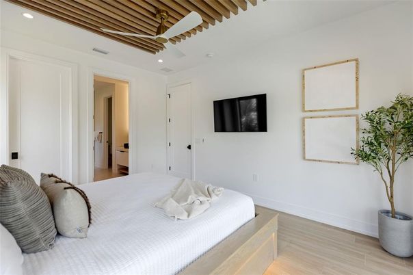 Bedroom, Interior, Recessed Lighting, Wood Texture Flooring