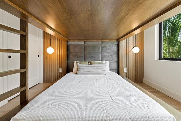 Bedroom, Interior, Pendant Lights, Wooden Ceilings, Wood Texture Flooring, Wooden Walls