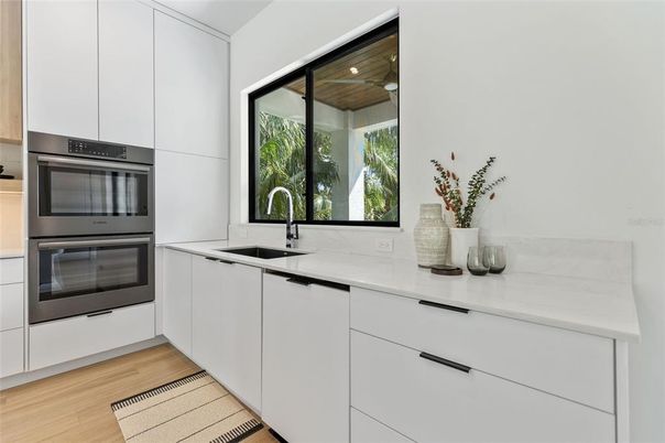 Interior, Kitchen, Recessed Lighting, Stainless Steel Appliances, Wooden Ceilings, Wood Texture Flooring