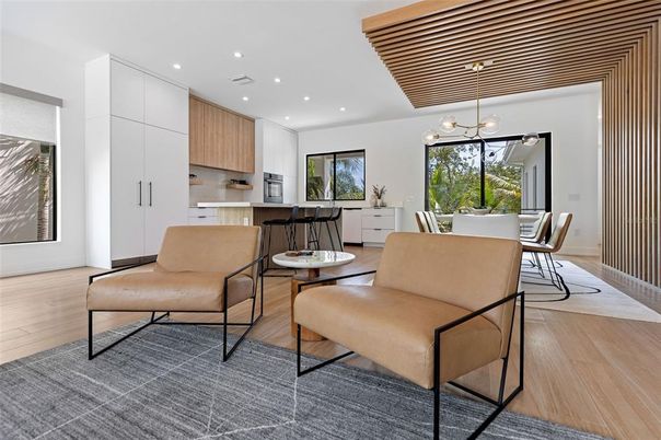 Dining room, Interior, Kitchen, Pendant Lights, Recessed Lighting, Wood Texture Flooring