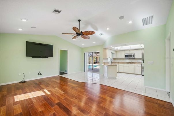 Empty room, Interior, Kitchen, Recessed Lighting, Wood Texture Flooring