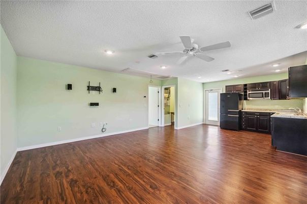 Empty room, Interior, Kitchen, Recessed Lighting, Wood Texture Flooring